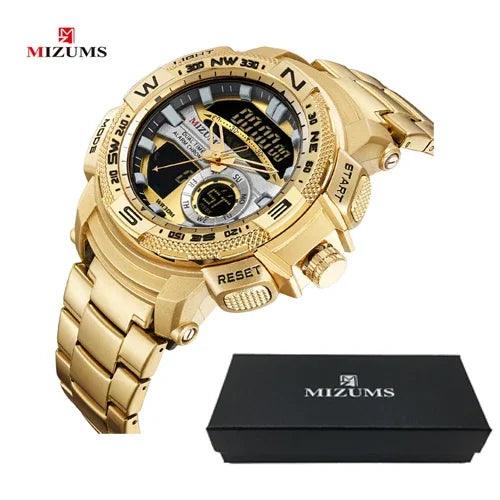 Relógio de pulso militar LED Digital Sport Watch Masculino Dourado Aço Inoxidável Dual Display Quartzo  Á Prova D'Água