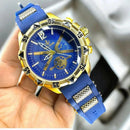 Relógio Masculino Metal Dourado Pulseira de Borracha á Prova D'Água Azul