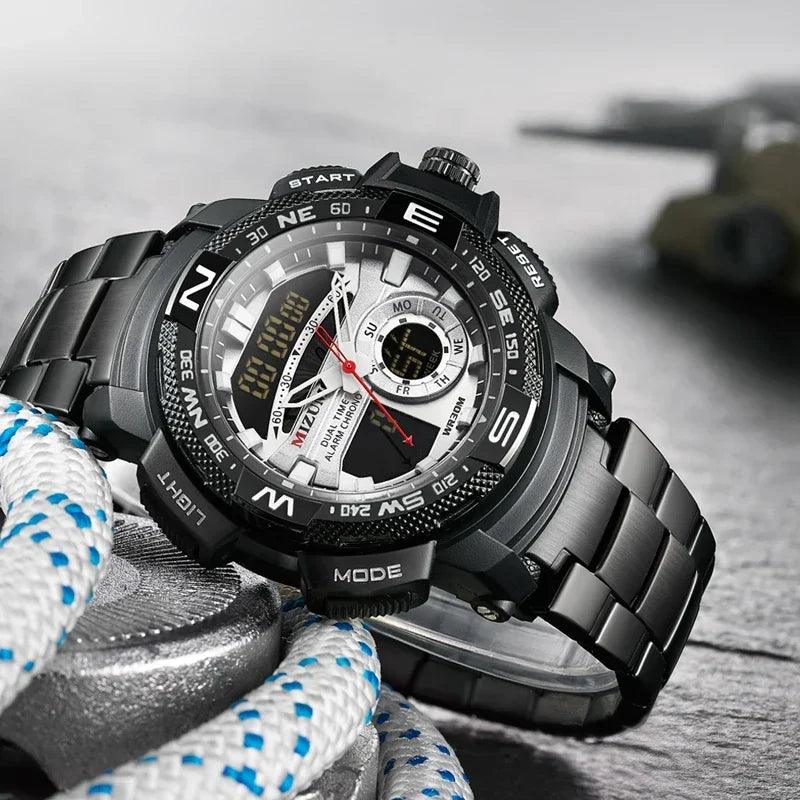 Relógio de pulso militar LED Digital Sport Watch Masculino Dourado Aço Inoxidável Dual Display Quartzo  Á Prova D'Água