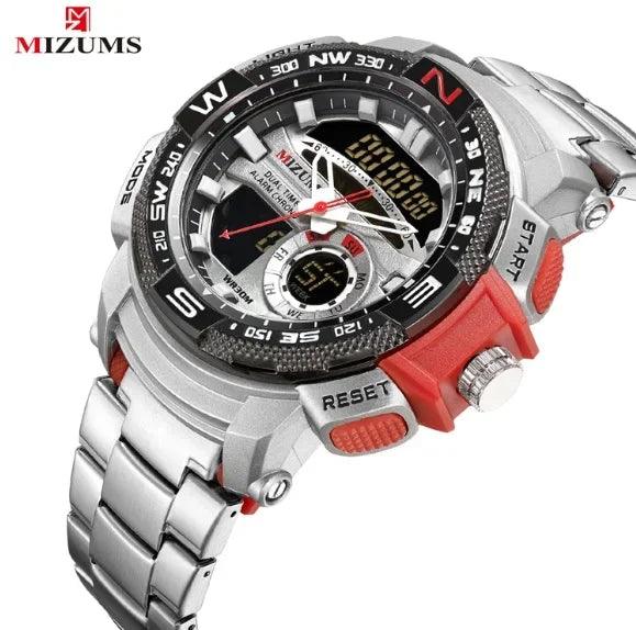 Relógio de pulso militar LED Digital Sport Watch Masculino Dourado Aço Inoxidável Dual Display Quartzo  Á Prova D'Água