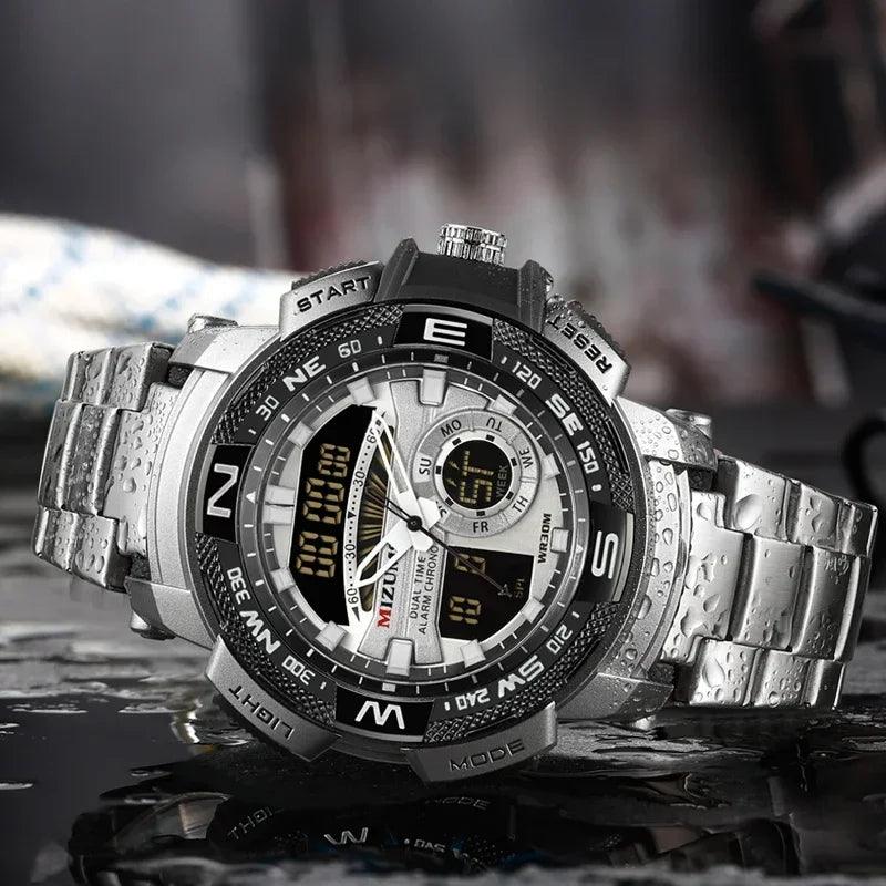 Relógio de pulso militar LED Digital Sport Watch Masculino Dourado Aço Inoxidável Dual Display Quartzo  Á Prova D'Água