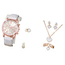 relógio de quartzo pulseira de couro analógico relógios de pulso coração strass conjunto de jóias (sem caixa)