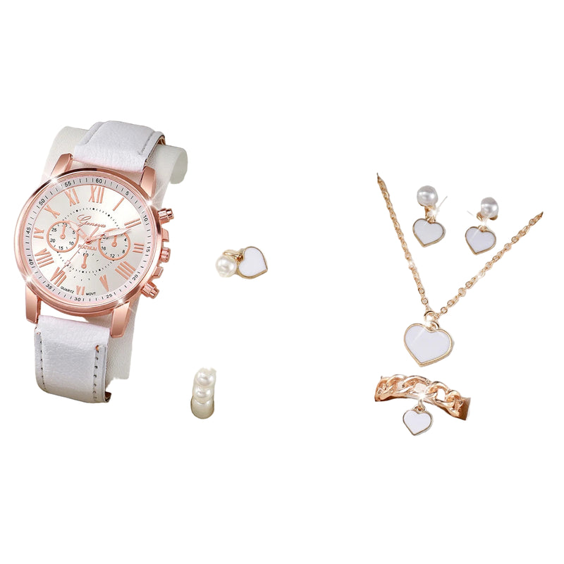 relógio de quartzo pulseira de couro analógico relógios de pulso coração strass conjunto de jóias (sem caixa)