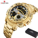 Relógio de pulso militar LED Digital Sport Watch Masculino Dourado Aço Inoxidável Dual Display Quartzo  Á Prova D'Água