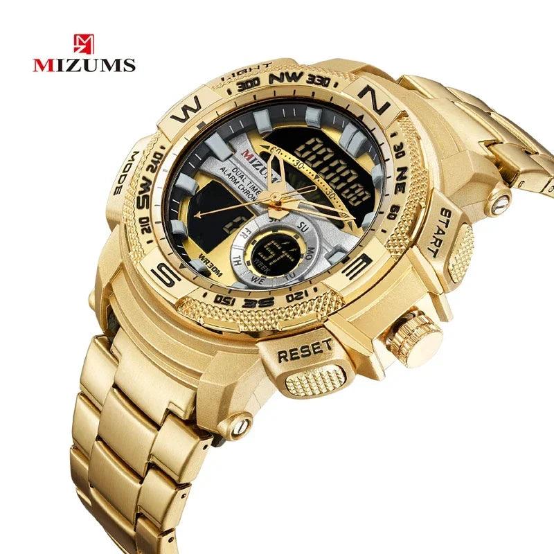 Relógio de pulso militar LED Digital Sport Watch Masculino Dourado Aço Inoxidável Dual Display Quartzo  Á Prova D'Água
