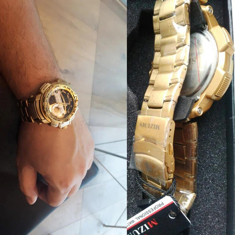 Relógio de pulso militar LED Digital Sport Watch Masculino Dourado Aço Inoxidável Dual Display Quartzo  Á Prova D'Água