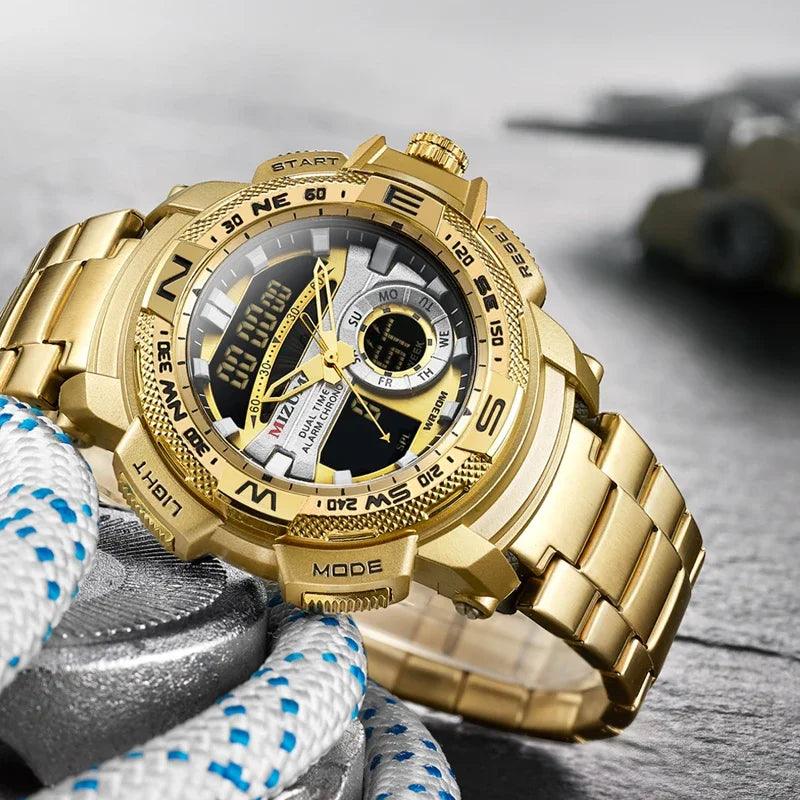 Relógio de pulso militar LED Digital Sport Watch Masculino Dourado Aço Inoxidável Dual Display Quartzo  Á Prova D'Água