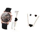 relógio de quartzo pulseira de couro analógico relógios de pulso coração strass conjunto de jóias (sem caixa)