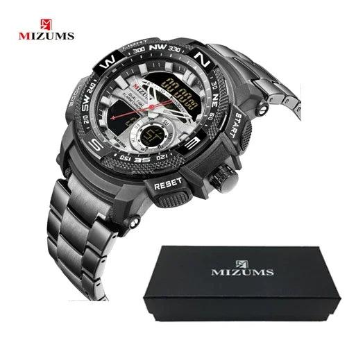 Relógio de pulso militar LED Digital Sport Watch Masculino Dourado Aço Inoxidável Dual Display Quartzo  Á Prova D'Água