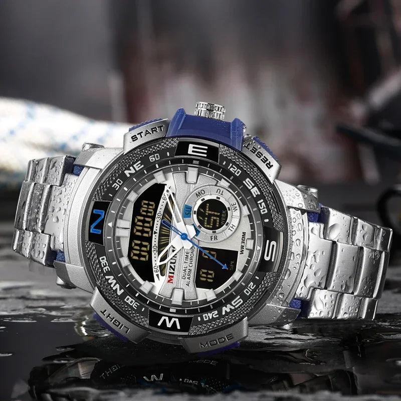 Relógio de pulso militar LED Digital Sport Watch Masculino Dourado Aço Inoxidável Dual Display Quartzo  Á Prova D'Água