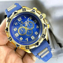 Relógio Masculino Metal Dourado Pulseira de Borracha á Prova D'Água Azul