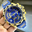 Relógio Masculino Metal Dourado Pulseira de Borracha á Prova D'Água Azul