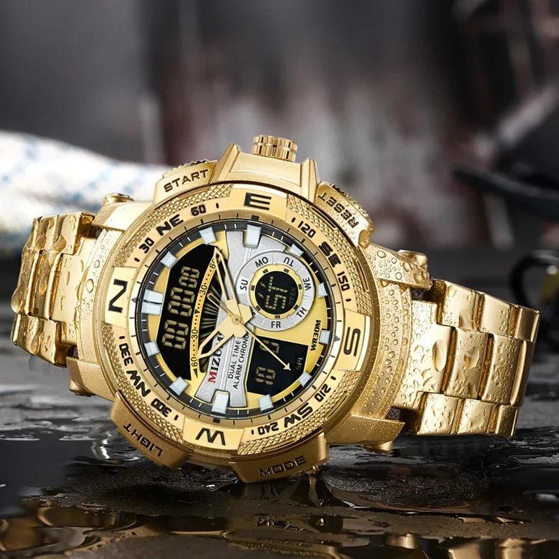 Relógio de pulso militar LED Digital Sport Watch Masculino Dourado Aço Inoxidável Dual Display Quartzo  Á Prova D'Água