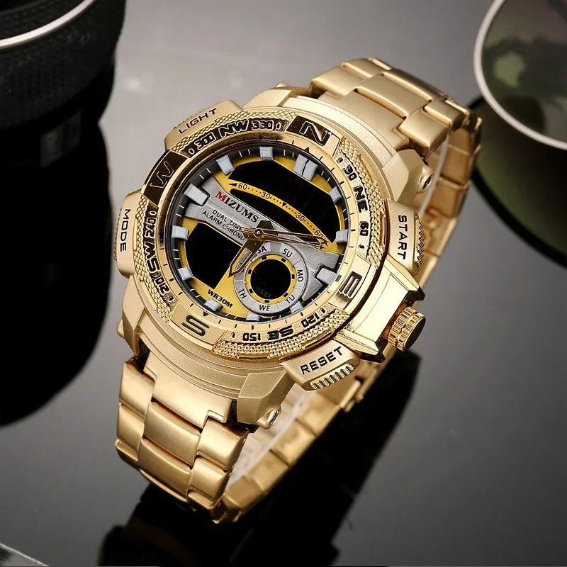 Relógio de pulso militar LED Digital Sport Watch Masculino Dourado Aço Inoxidável Dual Display Quartzo  Á Prova D'Água