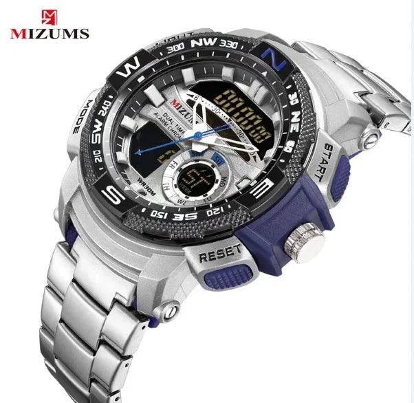 Relógio de pulso militar LED Digital Sport Watch Masculino Dourado Aço Inoxidável Dual Display Quartzo  Á Prova D'Água